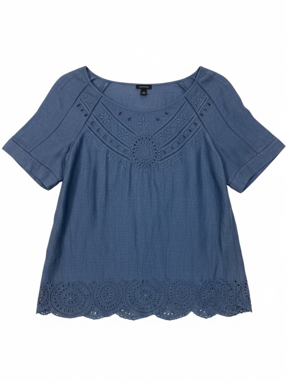 Ann Taylor 100% Linen Blouse Top Embroidered Eyelet Lace Navy Size Medium